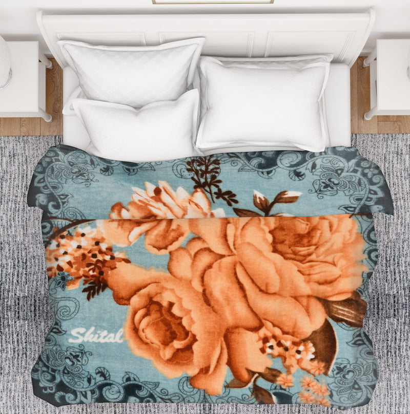 SPANGLE Printed Floral Self Warm Soft Luxurious 400 TC Micro Fibre Double Bed Blanket (Sky Blue & Brown)