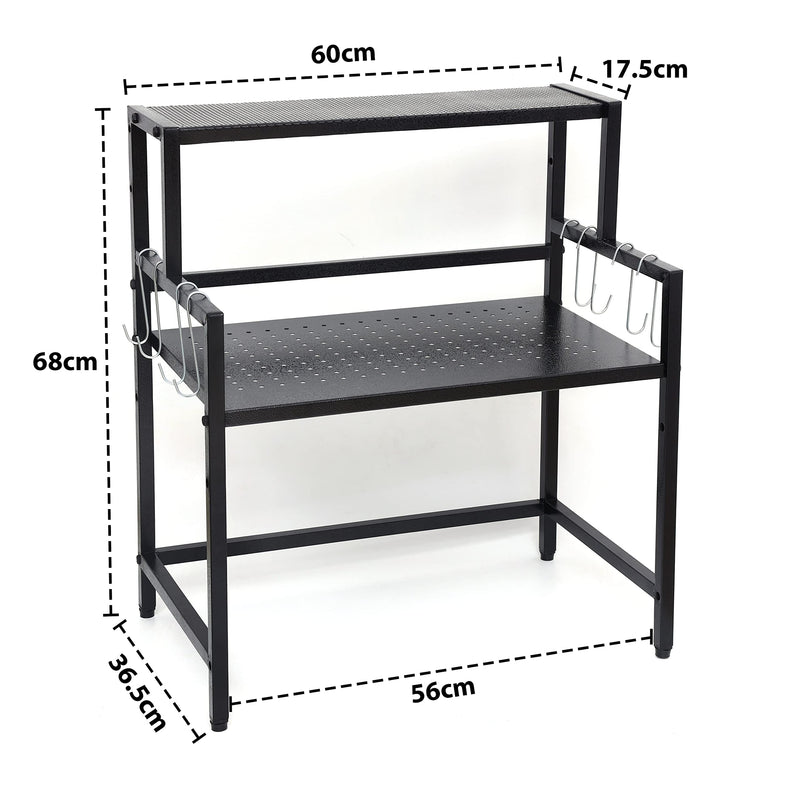 Livzing 2-Tier Microwave Oven Rack-Adjustable Microwave Stand with Hooks-Multipurpose Counter top Storage Organizer-Dish Rack for Kitchen Cabinet-OTG and Microwave Rack–Black