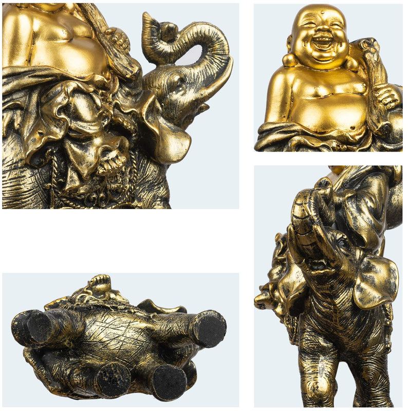 YINASI Feng Shui Handmade Maitreya Laughing Buddha Statue, Laughing Buddha on Elephant Sculpture Figurine for Lucky & Happiness God of Wealth Home Office Hotel Tabletop Desk Decoration