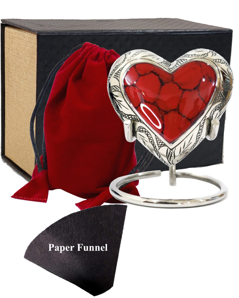 THE ASCENT MEMORIAL Red Cloud Heart Shape Small Urn for Human Ashes with Stand, Red Heart Small Keepsake Box Urn for Human Ashes with Stand, Velvet Carry Bag and Velvet Gift Box (Red)