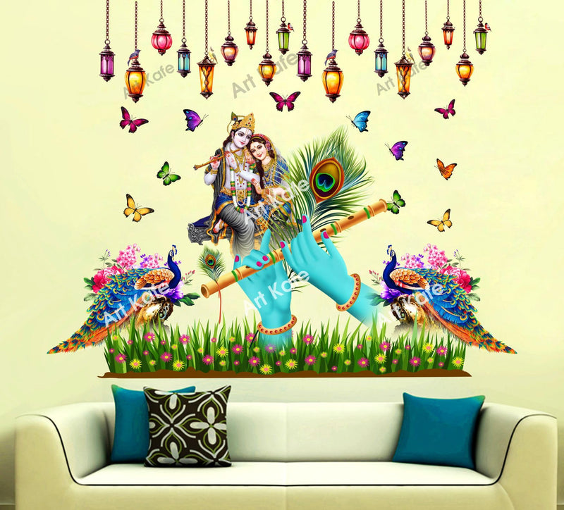 DivineDesigns Radha Krishna Murli Manohar Butterfly Peacock Wall Sticker