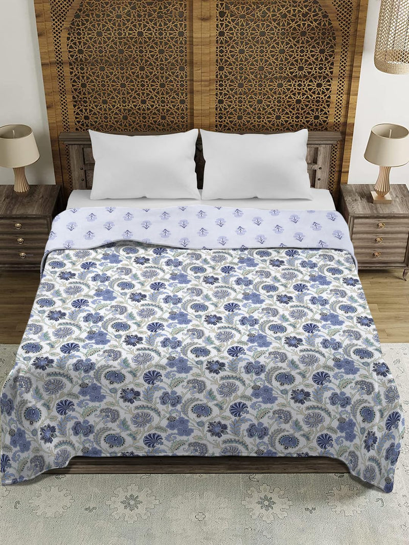 Rajasthan Décor Graceful White and Blue Floral Printed 120 GSM Reversible Cotton Single Bed AC Dohar - Soft and Cozy Lightweight Blanket for All Seasons