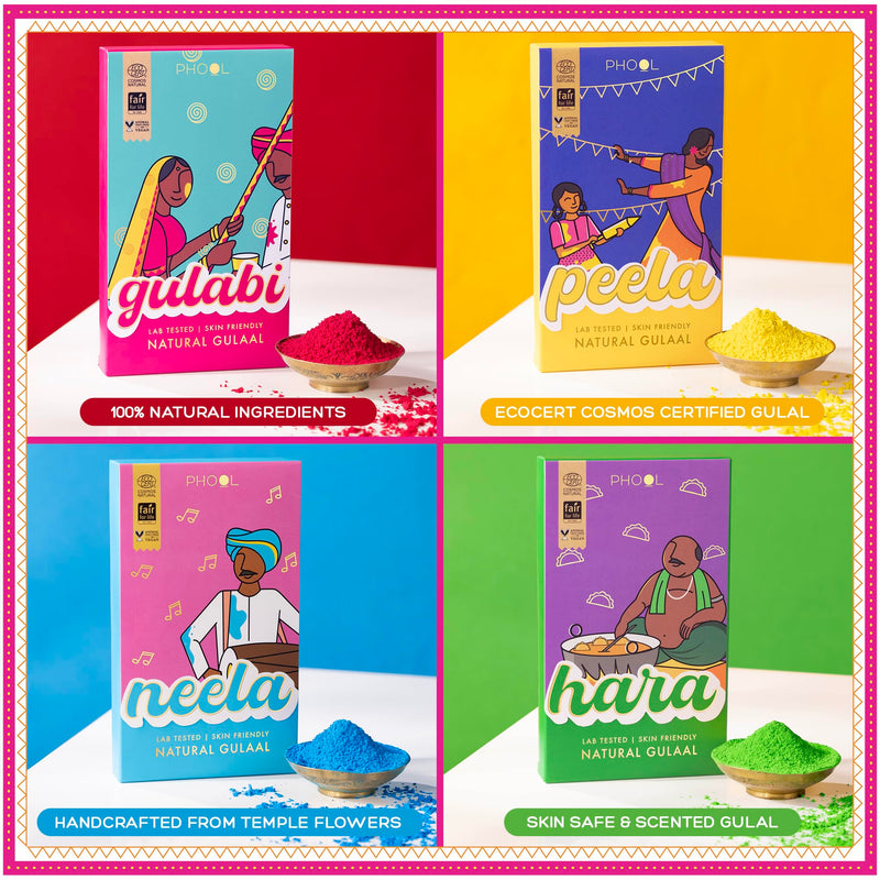 Phool Vrindavan Holi Gulal Collection 4 Vibrant Natural Gulaal Colors with Mishrambu Kesaria Thandai, Chandan Tika, & Holi Greeting Card Premium Holi gulal box Holi colours