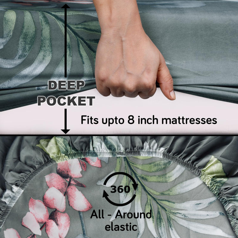 HOKIPO Cotton Feel Brushed Microfiber 145 GSM Elastic Fitted Bedsheets Double Bed Size, 72x72 inches with 2 Pillow Cover, Botanical Garden Pewter Grey (IN-776-D6)