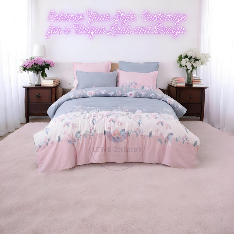 LERV’S CollEctioN 350 TC King Size Double Glace Cotton Bedsheet All Around 360° Elastic Band Fitted Bedcover with 2 Matching Pillow Cover Wrinkle-Free & Soft for Ultimate Comfort (Grey Pink-Floral)