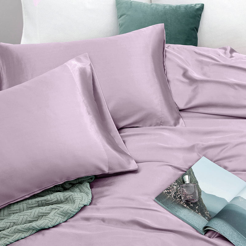 Vonty Satin Sheets Full Size Silky Soft Satin Bed Sheets Luxury Lavender Satin Sheet Set, 1 Deep Pocket Fitted Sheet + 1 Flat Sheet + 2 Pillowcases