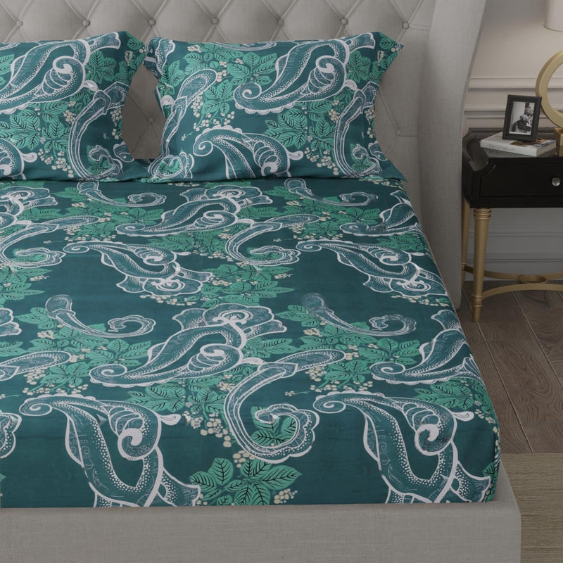 Cloth Fusion 150 GSM Glace Cotton King Size Bedsheet for Double Bed with 2 Pillow Covers (Teal Paisley)