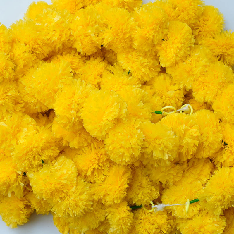 Caneuf Genda Phool Yellow Dark Orange Artificial Marigold Fluffy Flower/Genda Phool Garlands String for Diwali, Navratri, Durga Pooja Festival Office Decoration (Pack of 15) Multicolour