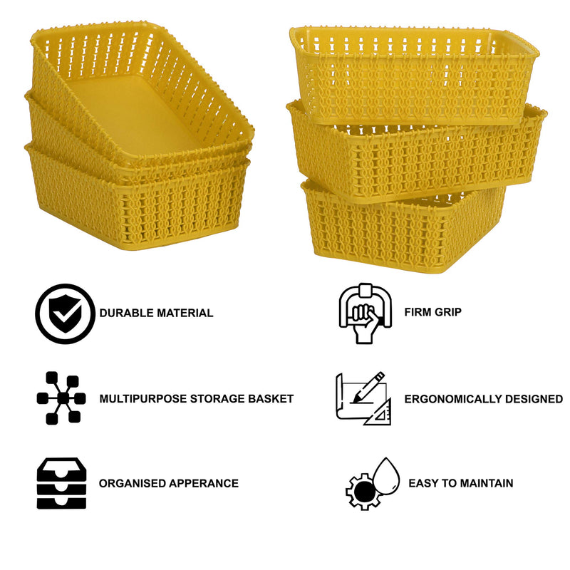 Cutting EDGE Plastic Multipurpose Sturdy Storage Baskets For Cosmetics Office Fruit Vegetable Bathroom Stationary Home Basket with Handle - Yellow (Set of 6, Mini)