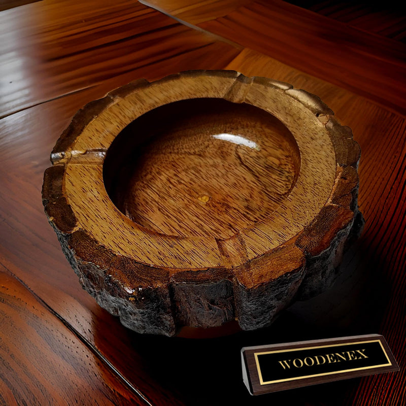 Woodenex Rustic Natural Wood Ashtray, Handcrafted Tree Trunk Decorative Ash tray, Dark Brown, Wooden Bark Natural Antique Ash catcher