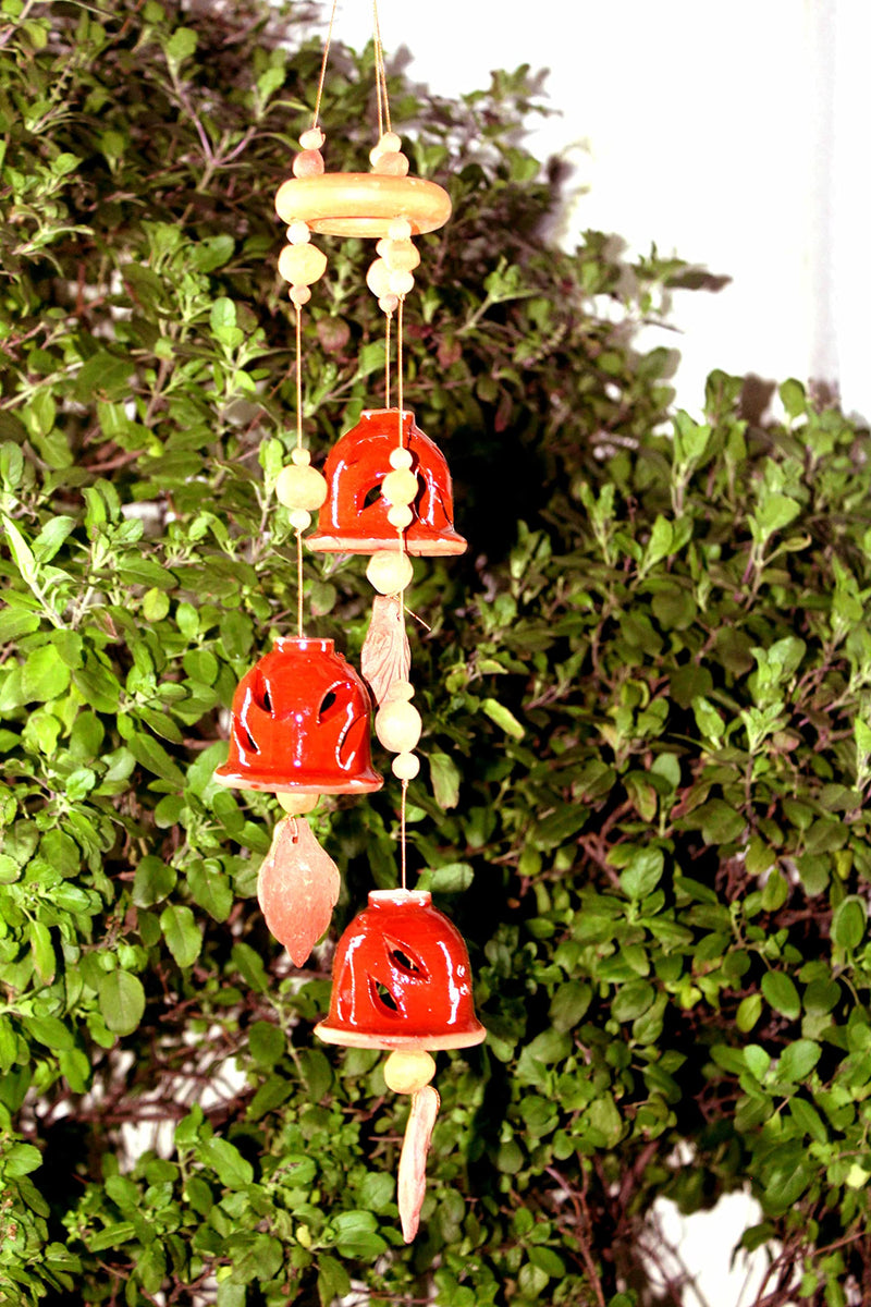 SULFAX Present A Terracotta Ceramic Coated Red Wind Chimes with (Three Bells) of Ring Design Handmade Craft with Melodious Sound Bells.( Size :- 36 cm Long )