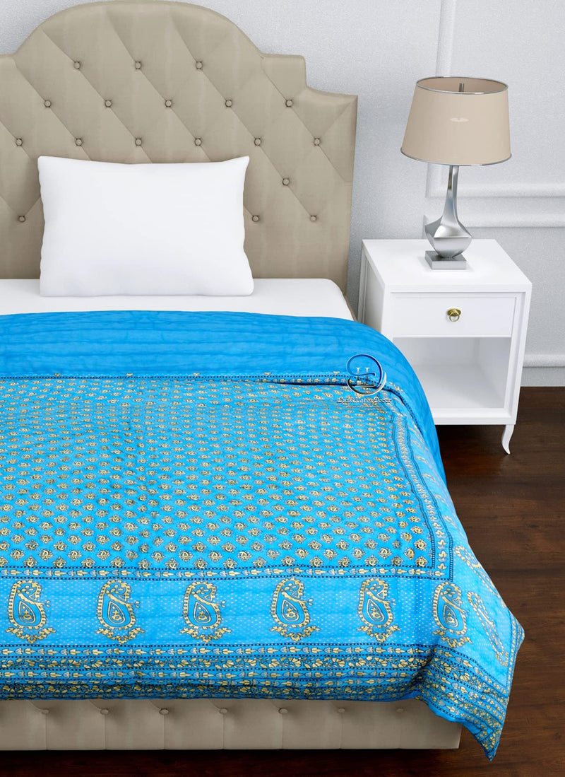 HASHIREX Violet Natural Cotton Screen Printed Single Bed Jaipuri Razai Malmal Ac Quilt for Bed Room, Rajasthani Traditional Light Weight Rajai dohar Blanket (55 x 85 Inches) SkyBlue, Pack of 1