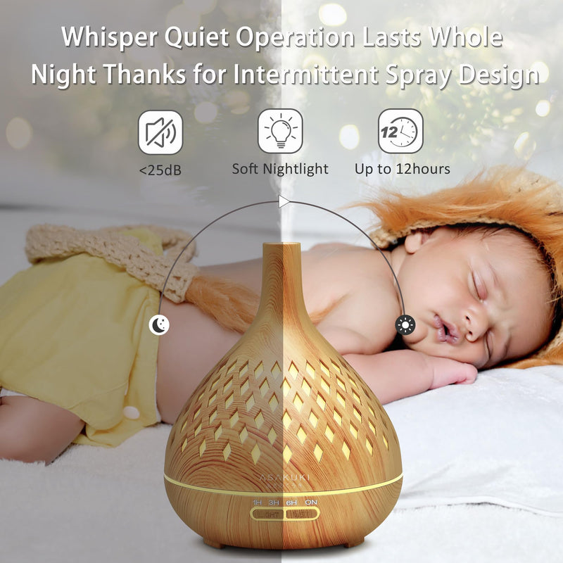 ASAKUKI Essential Oil Diffuser, 400ml Cool Mist Humidifier, 16 Hours Operation Aroma Diffuser with Waterless Safety Switch & 14 LED Colors-Yellow