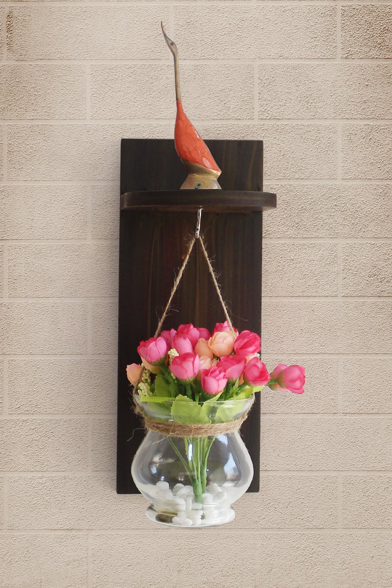 Tied Ribbons Wood Wall Shelf with Flower Vase and Artificial Flowers (11.99 cm x 0.99 cm x 37.01 cm, Multi)