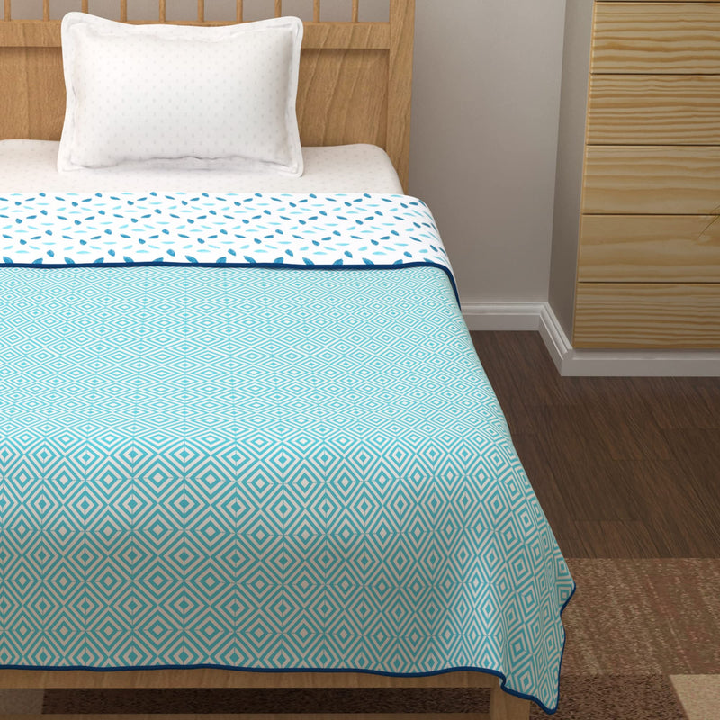 Story@Home Dohar Single Bed Cotton, Blanket for Winter,100% Cotton Reversible Light Weight Dohar Single| 150GSM |56 X 86 inch| Blue & White Leaf Pattern Season use.