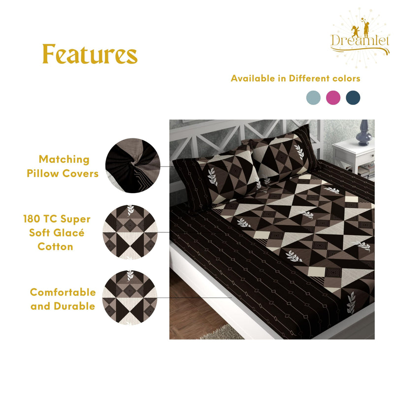 DREAMLET Bedsheet for Double Bed, Double Bedsheet Glace Cotton, Double Bedsheet, Bedsheets Double Bed Size, 160 TC 2 Glace Cotton Bedsheet with 4 Pillow Covers (Brown)