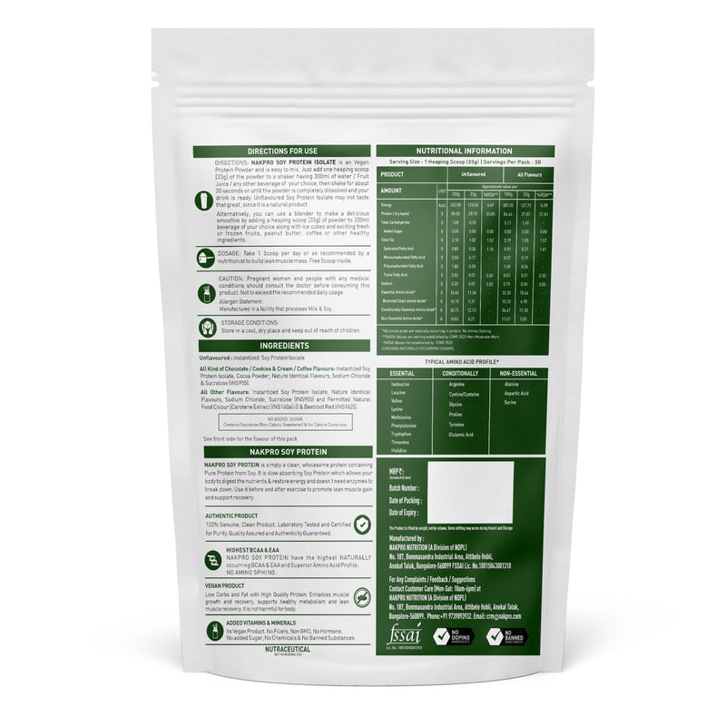 NAKPRO Vegan Soy Protein Isolate 90% | Raw, Pure, Natural & Vegetarian Plant Protein Supplement Powder - (Chocolate, 1 Kg)