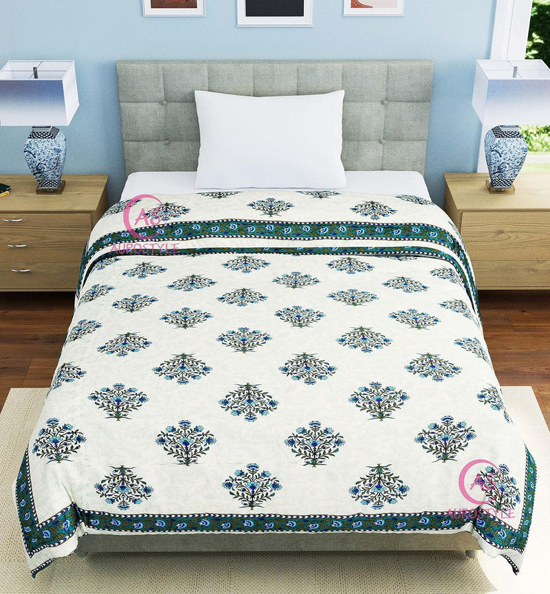 LushHavenDecor 400 TC Pure Cotton Traditional Jaipuri Design Printed Light Weight Single Bed Quilt/Razai/Rajai - (Single Bed- 85 x 55 Inches)