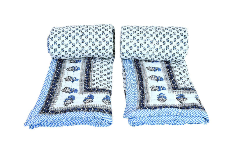 HOPEE SHOP Cotton Single Bed Jaipuri Razai Organic Pure Cotton Jaipuri rajai Ac Quilt for All Season Soft Light Weight Rajasthani Cotton Quilt 55 x 85 inch (Blue) Set of 2