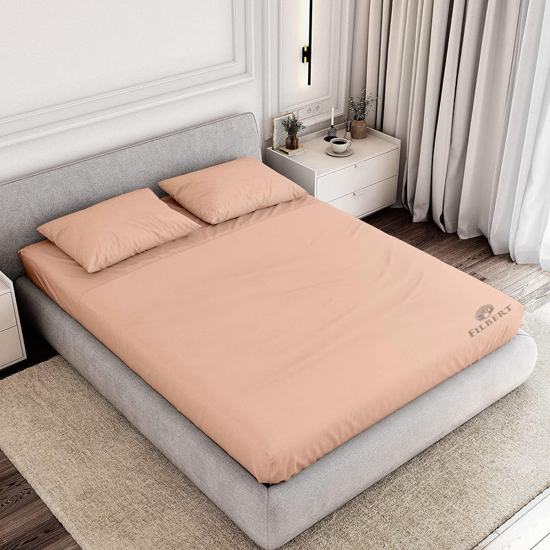 Filbert All Around Elastic Fitted Bedsheet Single Bed (36 x 78 + 8 inch) Machine Washable Single Bed Elastic Bedsheet | Wrinkle Free Fitted Bedsheet with Pillow Cover | Peach