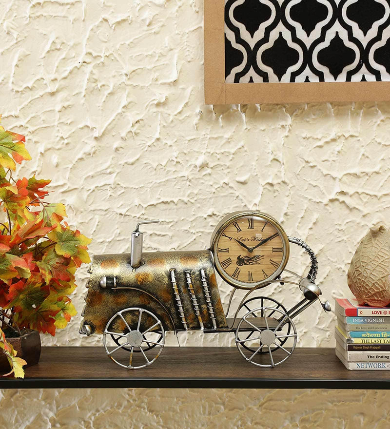 Iron Metal Handmade Decorative Gold and Copper Train Engine Table Clock for Table, Desk, Living Room, Bedroom, Halls, Offices, Cafe, etc.