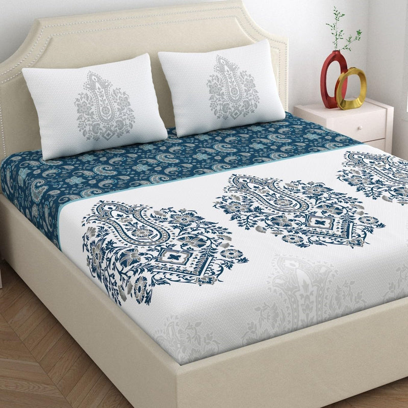 Dreamscape 100% Cotton Satin Double Bedsheet with 2 Pillow Covers | 200 TC Ethnic Blue for Double Bed (7.5ft X 8.2ft)