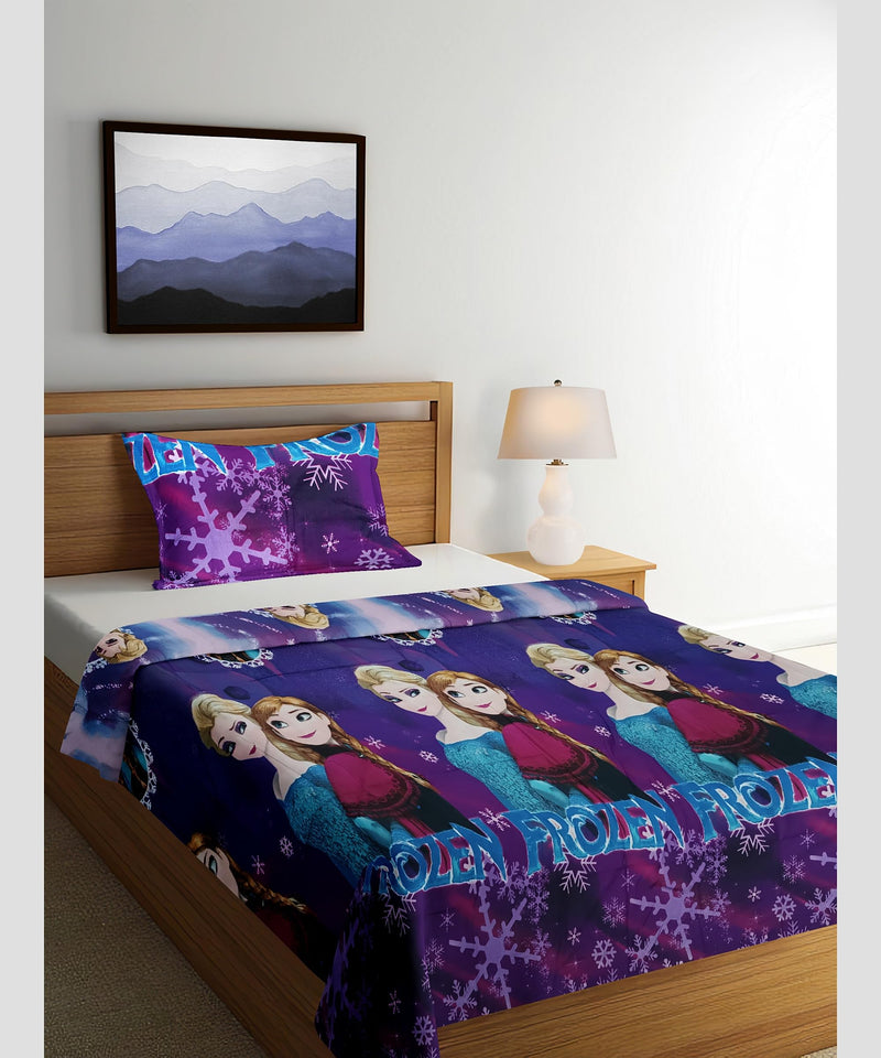 ADVI Kids Cartoon Frozen Design Printed Style Double Bedsheet Set with 2 Pillow Covers, Purple Color