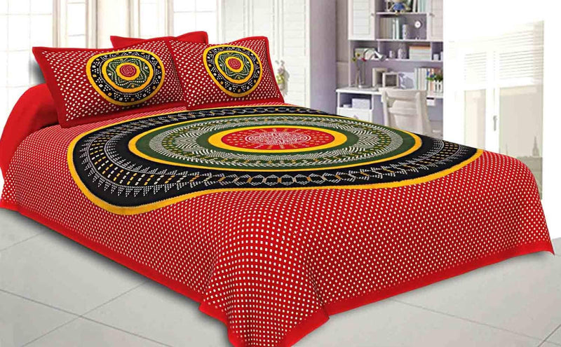 LIFEHAXTORE Xtore Cotton Traditional Jaipuri Print King Size Double Bed Sheet with 2 Pillow Covers (Multicolour)