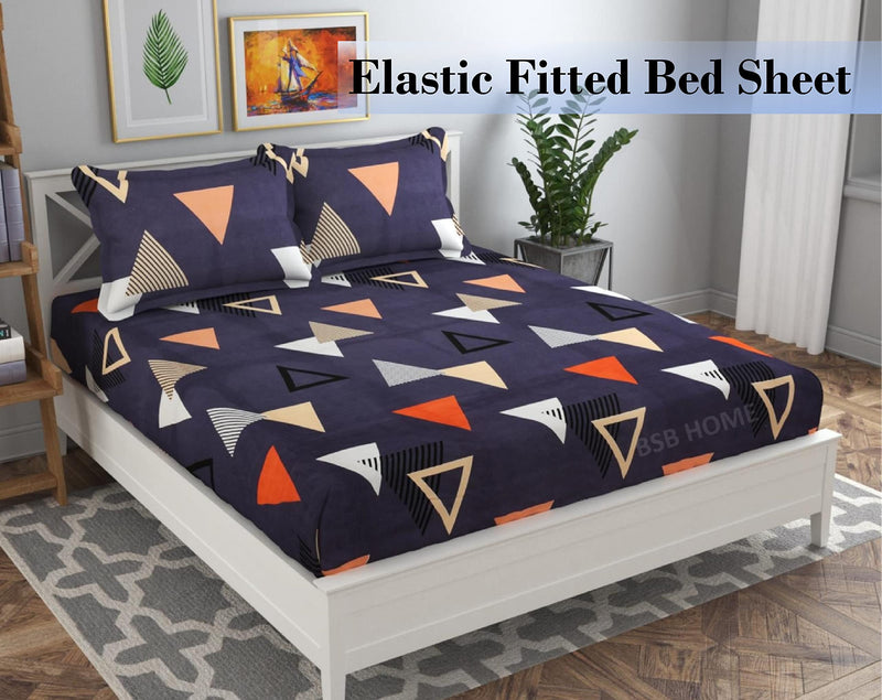 BSB HOME Premium Cotton Elastic Fitted Bedsheets with 2 King Size Pillow Covers | Double Bed with All Around Elastic 180 TC Supersoft | (72"x78", Grey & Orange), 180-200 tc