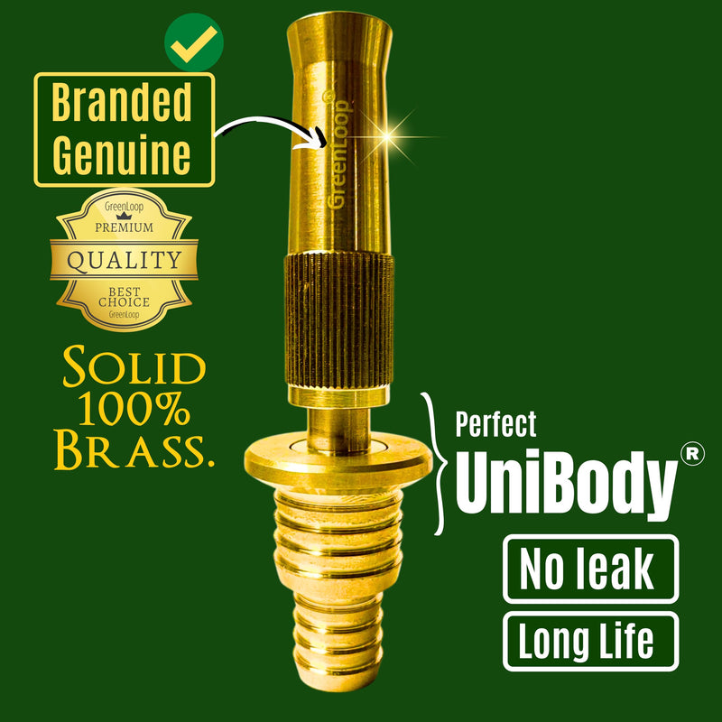 GreenLoop Solid BRASS Water Spray 2-in-1 Nozzle, DUAL PURPOSE, Fits all 3/4" and 1/2" hoses of all thickness, Adjustable Water Jet Spray Gun, High Pressure washing, 2-in-1 Nozzle+Clamps