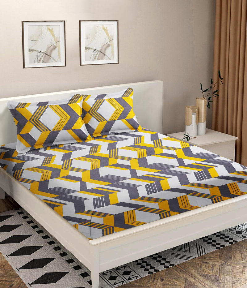 SIMRITA Presents Luxurious Glace Cotton Cotton Feel 180 TC King Size(90X100 Inch) Flat Double Bedsheet with 2 Pillow Covers, White Yellow Design