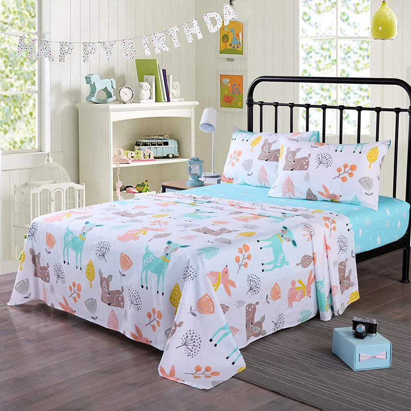 Queen Linens Queen Linens 100% Cotton Sheets Kids Full Sheets for Kids Girls Boys Teens Children Sheets Bed Sheets for Kids Soft Fitted Flat Printed Sheet Pillowcase Bedding Bed Set Animal Deer (Full)