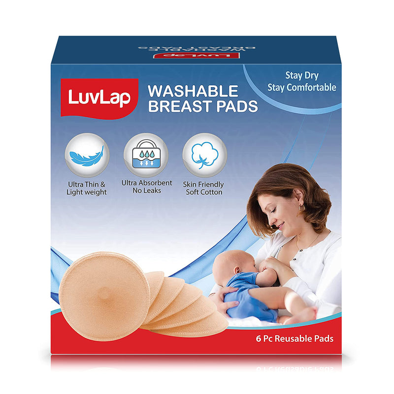 LuvLap Washable Maternity Nursing Breast Pads, 6 Pcs, Reusable, Leak-Proof