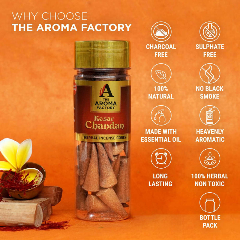 The Aroma Factory Incense Dhoop Cone for Pooja, Kesar Chandan & Rose (100% Herbal & 0% Charcoal) 2 Bottles x 90g