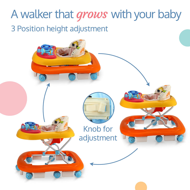 LuvLap Sunshine Baby Walker with Parental Push Handle, Anti Fall, Anti Skid Mechanism, Height Adjustable with Light, Rattle & Music Toys, Cushioned Walker for Baby 6-18months (Orange)