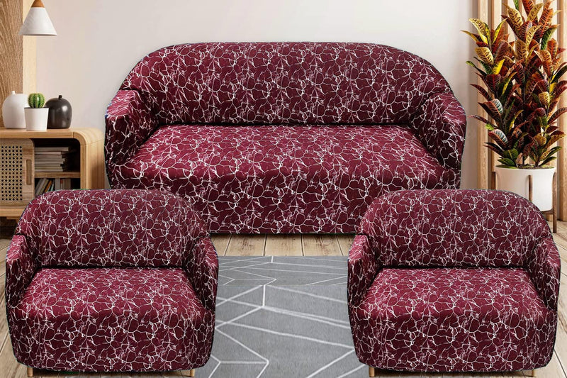 Gifts Island® Sofa Cover 3 Seater and 2 Seater Fully Covered Universal 5 Seater Sofa Cover Non-Slip Sticky Elastic Stretchable Sofa Set Slipcover Protector for (3+1+1 Seater), Maroon Marble Print