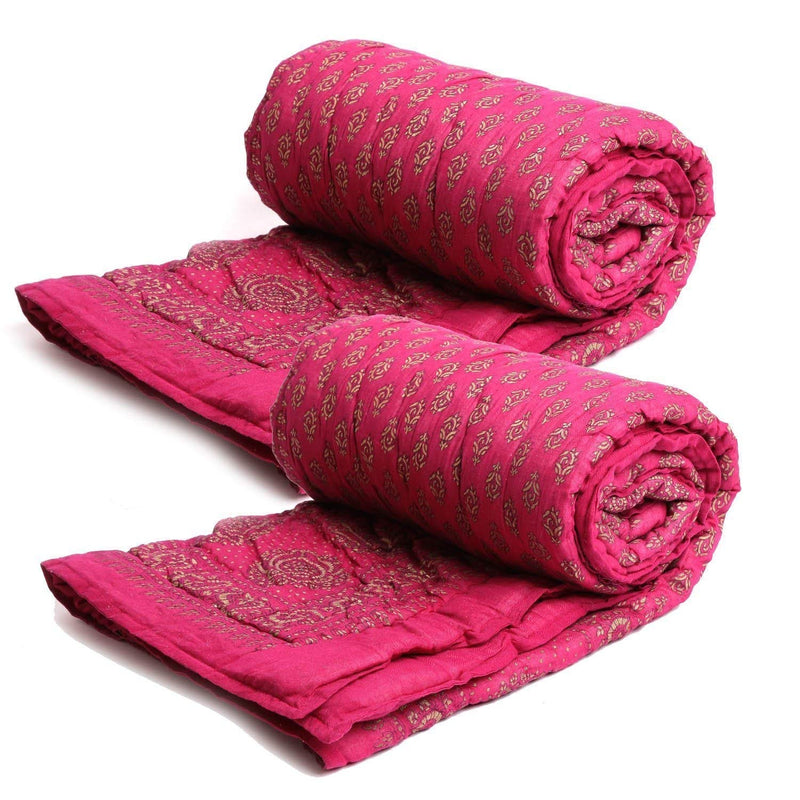 Namaste India Set of 2 Pink Color Single Bed Traditional Jaipuri Cotton Razai/Rajai/Quilt with Golden Floral Print