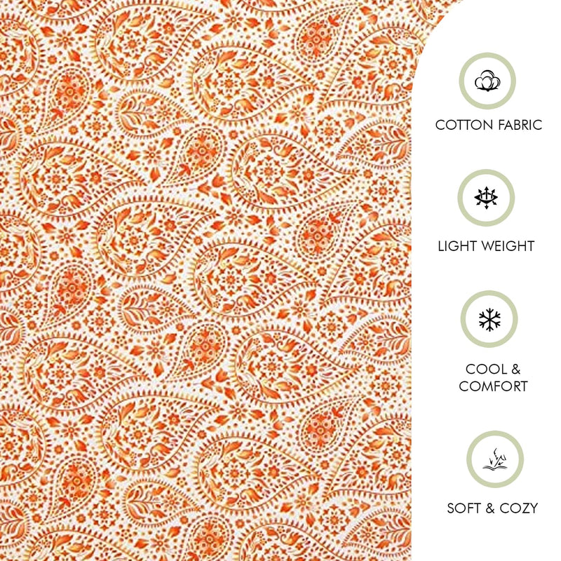 LINENWALAS 100% Cotton Twill Weave All-Around Elastic Fitted Bedsheet with 2 Pillow Covers for Double Size Bed - 200 TC, Soft Durable & Economical Printed Sheets (72x72 Inch, Paisley Drop Orange)