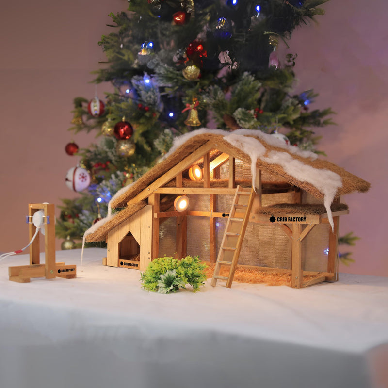 CRIB FACTORY | Natural Finish Wooden Large Size Christmas Crib Set Without Figurines | Size of 62x20x32 CM | Christmas Decor (CFCC01 2024 with spot Light)