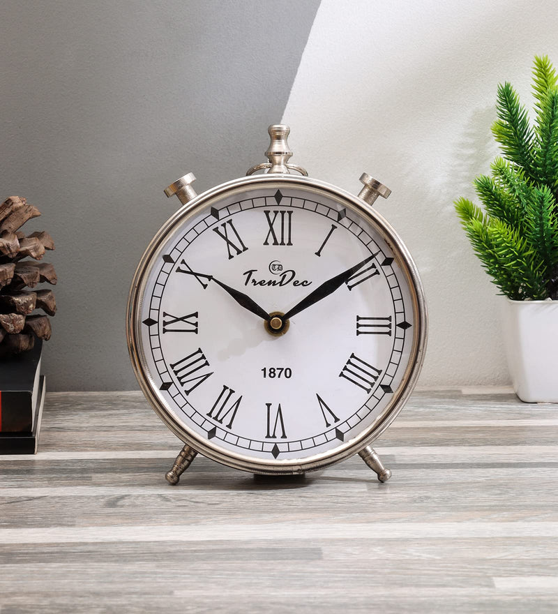 TrenDec Analog Clock | Table Clock | Clock for Home | Round Silent Analog Table Clock | Analog Metal Table Clock | Analog Metal Table Clock | Home Decor Item | Table Clock in Silver Finsished - 5"