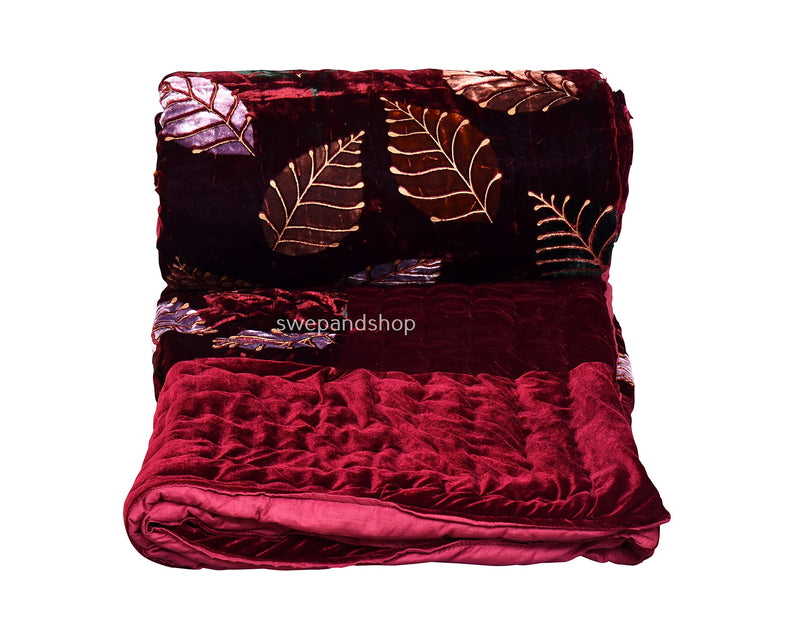 FABDESIGN QUILTS 400 TC Organic Pure Cotton Bombay Velvet Leaf Printed Razai Double Bed Size Jaipuri Quilt Rajai - (90X105) Maroon, lightweight, Pack of 1