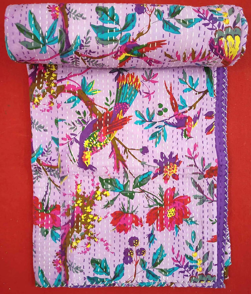 Textile Work Creation TI AMO Bird Print Kantha Quilt Handmade Kantha Quilt Home Decor Multi Colour 90 x 108 Inch Queen Quilt