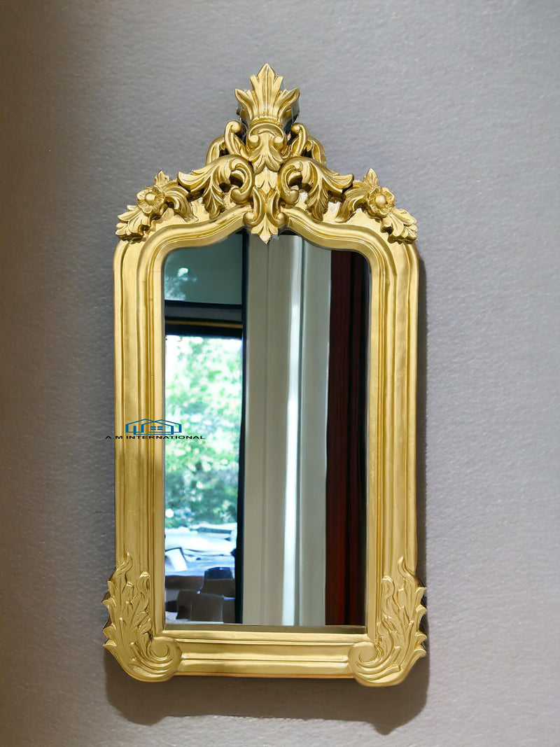 A.M INTERNATIONAL Wooden Carved Mirror Frame | Wooden Antique | Wall Hanging Mirror | Wooden Mirror Jharokha | Solid Wood | Horizontal, Vertical, Framed, Rectangular (3 * 2FT Antique Gold)