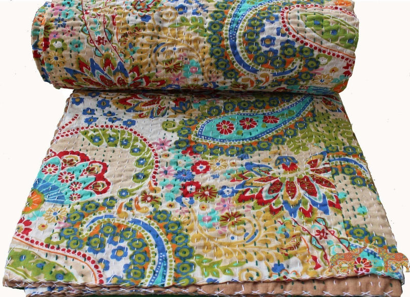 Mango Gifts Pure Cotton Kantha Style Bed Spread Indian Gudri Bed Cover Queen Size by Mango Gifts