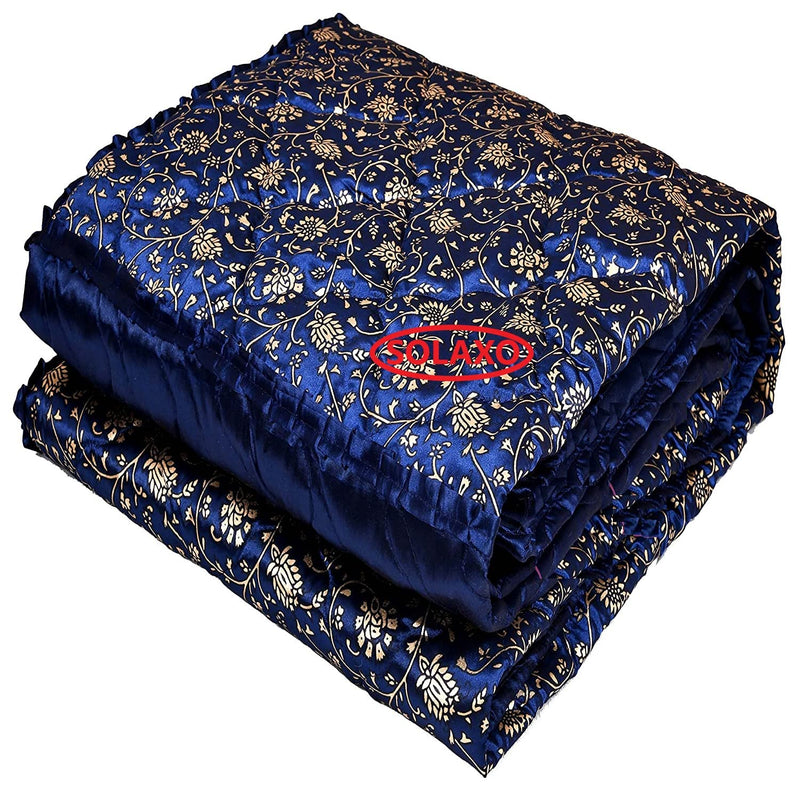 SOLAXO Handmade Traditional Designer and Printed Double Bed Silk Quilt/Blanket/for Bedroom Double-Blue