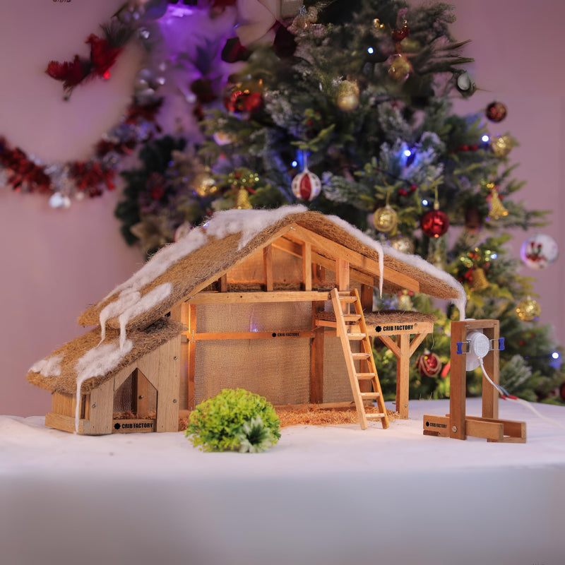CRIB FACTORY | Natural Finish Wooden Large Size Christmas Crib Set Without Figurines | Size of 62x20x32 CM | Christmas Decor (CFCC01 2024 with spot Light)