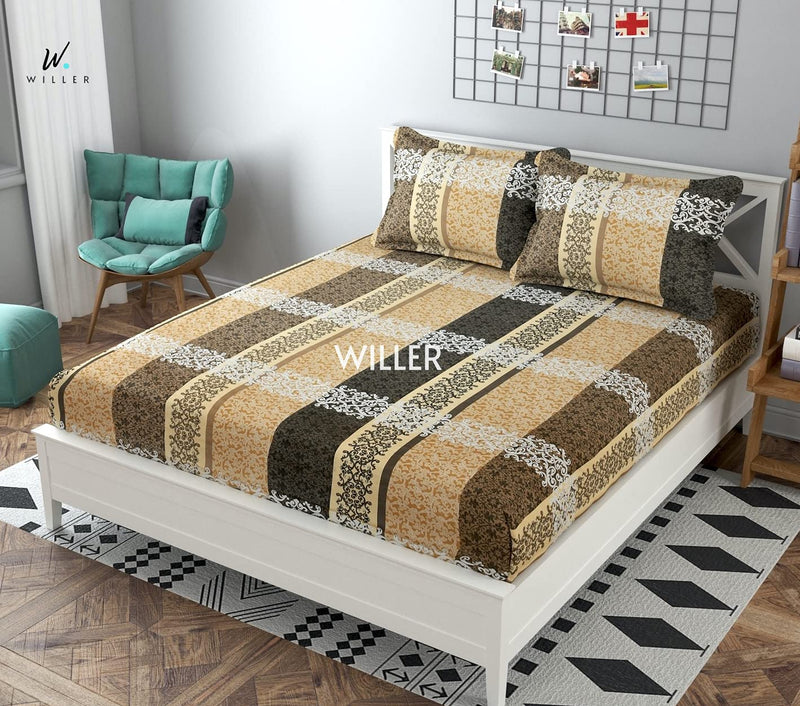 Willer Glace Cotton 200 TC Soft, Smooth and Premium Double Brown Bedsheet with 2 Pillow Covers (Royal Print) - 245 X 220 cm