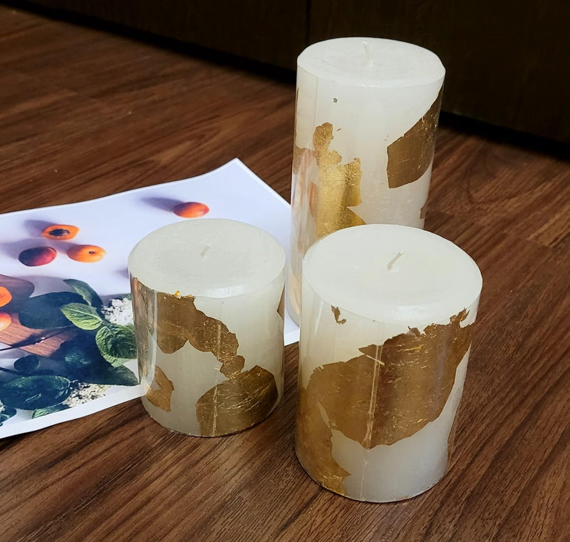 Urbaa Pillar Candle Set of 3 (3inch*3inch, 3inch*4inch, 3inch*6inch) || Long Burning || Gift Set || Set of 3 Candle Burning Time 90hrs, 70hrs and 55hrs || Pillar Candle. (Gold Foil)