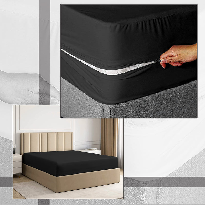 Pure Eco Fitted Sheet Zipper King Size 78" X 80" Inches Fit 10" Deep Pocket Black, 600 TC 100% Egyptian Cotton Sateen Weave Zipper Mattress Cover King Size Zipper Bed Sheet King Size