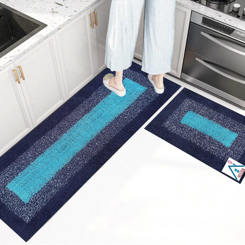 Cotton Multipurpose Set Of 2 Runner For Bedroom, Kitchen, Balcony, Floor Mat Doormat (Blue)